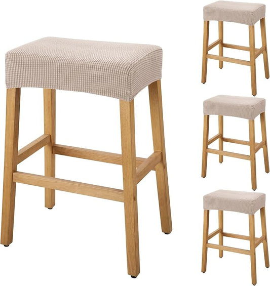 YISUN Stool Covers Rectangle - 4 Pack Stretch Waterproof Saddle Seat Cover Counter Bar Stools Bar Chairs Covers Kitchen Island Chairs Cushion Protector (4, Khaki)