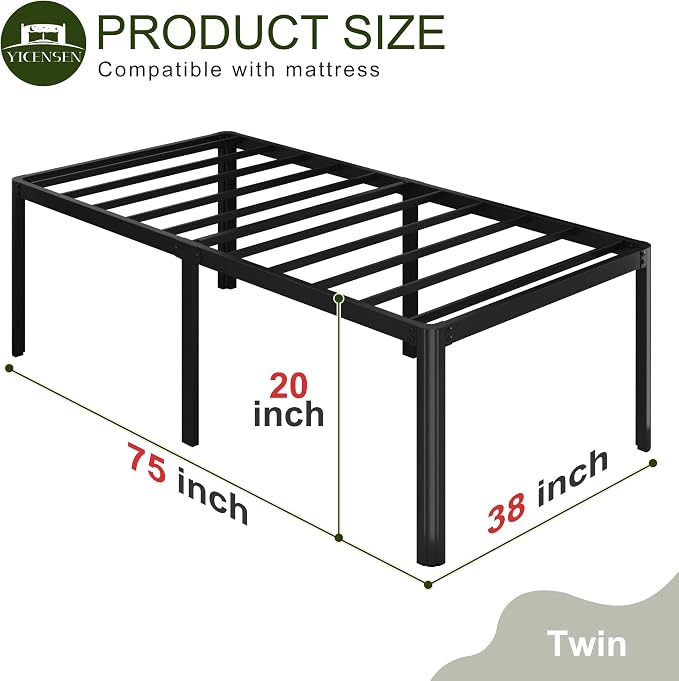 Yicensen 20 Inch Twin Bed Frames Rounded Corner Legs Heavy Duty Platform Twin Metal Bed Frame for Kids, Easy Assembly, Noise Free, No Box Spring Needed, Black.