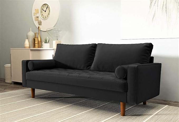 Container Furniture Direct Womble Mid Century Modern Velvet Upholstered Tufted Seat with Bolster Pillows, Sofa, Midnight