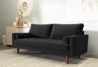 Container Furniture Direct Womble Mid Century Modern Velvet Upholstered Tufted Seat with Bolster Pillows, Sofa, Midnight