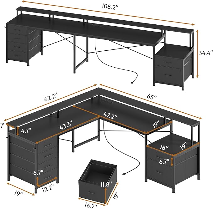 SEDETA L Shaped Desk with 6 Drawer, 108" Home Office Desk with File Drawer & Power Outlet, Corner Computer Desk with Monitor Shelf, File Cabinet, Two Person Desk, Gaming Desk with Led Lights, Black