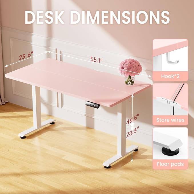 Veken 55 Inch Large Electric Standing Desk, 4 Memory Heights Adjustable,Sit to Stand Up, Work Home Office Computer Table for Study, Walking Pad, Writing, and Games, Wooden Desktop Desks, Pink