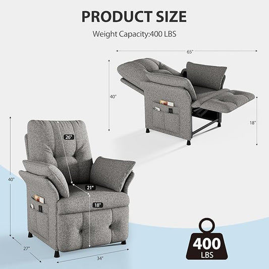 Power Recliner Chair for Adults with Heat & Massage - Linen Electric Reclining Sofa with Remote Control, 3 Side Pockets, 180° Lay Sleeper for Living Room Home Theater, Light Grey