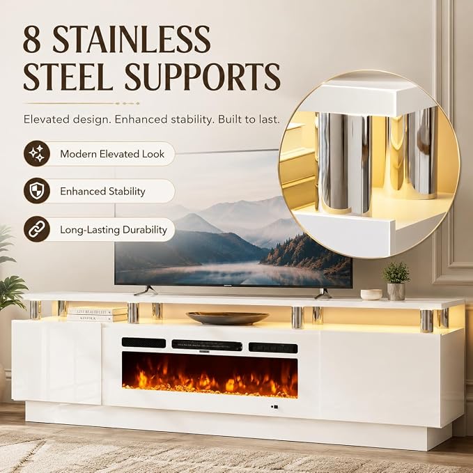 70" TV Stand for Living Room, Entertainment Center & Media Console with Storage, Fits TVs up to 80", Modern TV Cabinet with Shelves, 36" Electric Fireplace (All White)