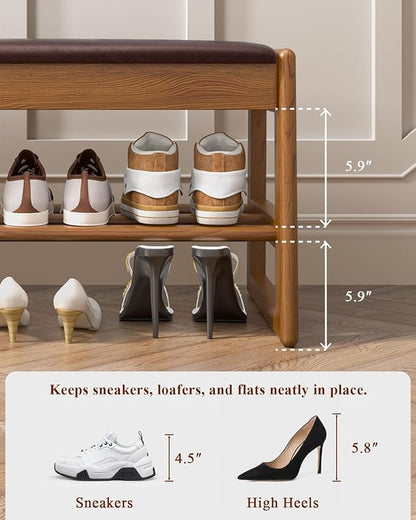 IUNVR Shoe Rack Bench with Hidden Storage, 2-TierSolid Rubberwood Entryway Bench with SoftLeather Cushioned Seat & Flip-Top Storage,330lbs Capacity, Wooden Shoe Organizer forHallway, Closet, Foyer