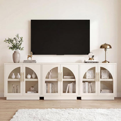 Fatmok Arched Glass Sideboard Buffet Accent Cabinet, 31.5" Display Credenza with Adjustable Shelf,3-Piece Modular Coffee Station Storage for Kitchen Living Room Bedroom, Beige(Not White)