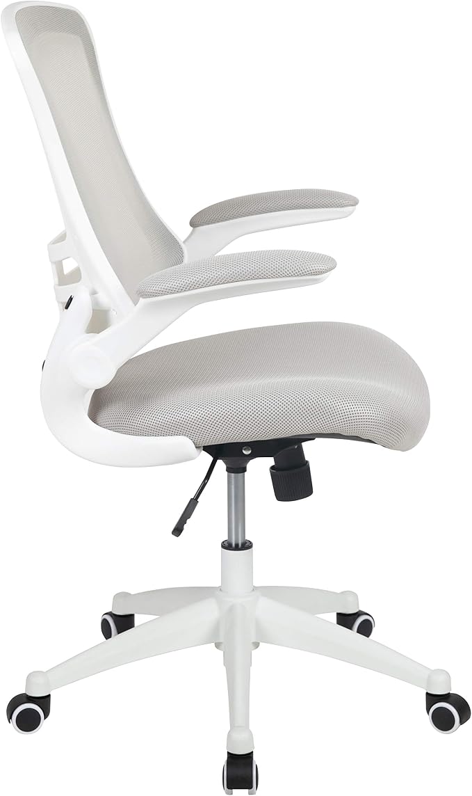 Flash Furniture Kelista Mid-Back Swivel Office Chair with Adjustable Lumbar Support and Seat Height, Ergonomic Mesh Desk Chair with Flip-Up Armrests, Gray/White
