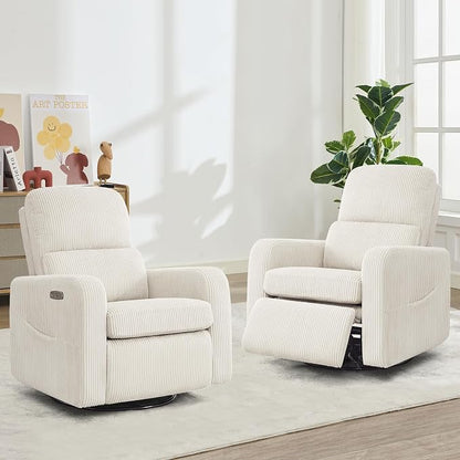Swivel Rocker Recliner, Oversized Power Recliner Glider with Removable Cushion, Upholstered Corduroy Swivel Reclining Nursery Chairs for Living Room Bedroom, Cream White