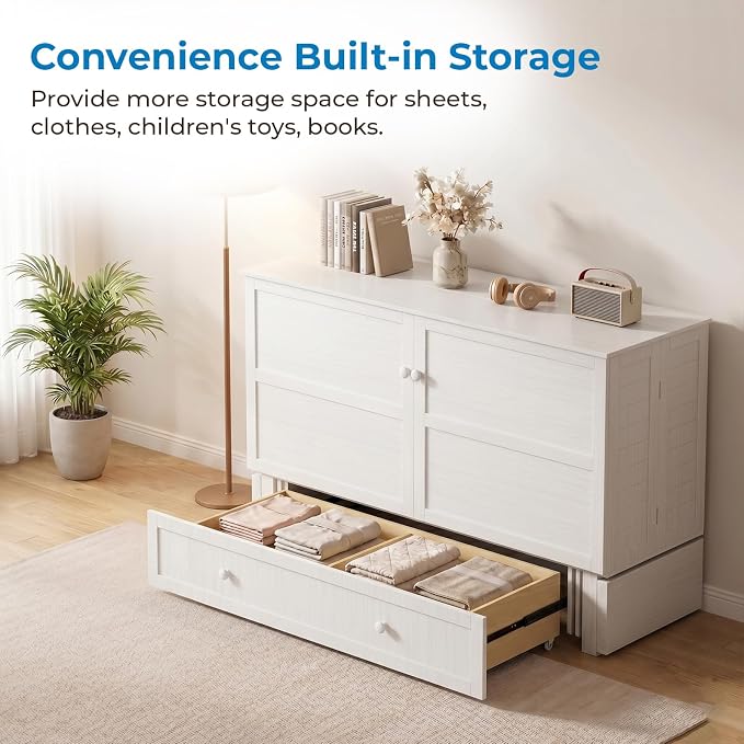 Mjkone Murphy Bed Queen Cabinet Bed with Tri-fold Mattress and Built-in USB Charging, 2 Drawers, Bedside Panel, Hidden Guest Beds, Murphy Cube Chest Cabinet Beds for Bedroom, Apartment - White