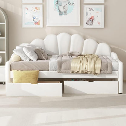 Merax Full Size Modern Upholstered Sofa Day Bed with Shall Shaped Backrest & Storage Drawers, Mutifunction Platform Bed with Wood Slat Support,Velvet Storage Bed Frame with Headboard/Twin, White