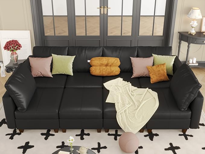 EASE MOOSE Faux Leather Sectional Couch with Storage,Black Sleeper Faux Leather Modualr Sofa Couch