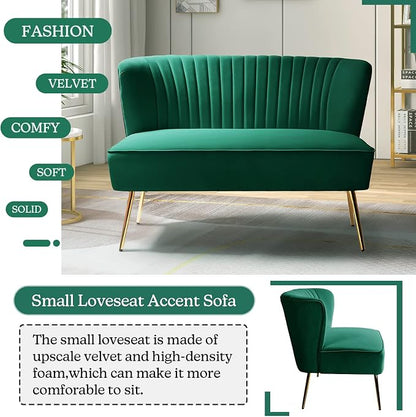 TINA'S HOME Contemporary Velvet Loveseat Sofa, Upholstered Loveseat Couch with Golden Metal Legs, Small Tufted 2-Seat Sofa Armless Love Seat for Living Room, Bedroom, Apartment Small Spaces, Green