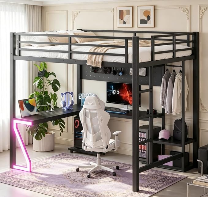 Bellemave Full Size Loft Bed with Desk and USB Ports, Computer Tray, Peg Board LED, Metal Full Loft Bed Frame for Adults, Kids, Teens, Black