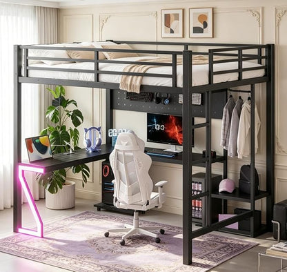 Bellemave Full Size Loft Bed with Desk and USB Ports, Computer Tray, Peg Board LED, Metal Full Loft Bed Frame for Adults, Kids, Teens, Black