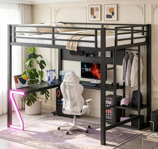 Bellemave Full Size Loft Bed with Desk and USB Ports, Computer Tray, Peg Board LED, Metal Full Loft Bed Frame for Adults, Kids, Teens, Black