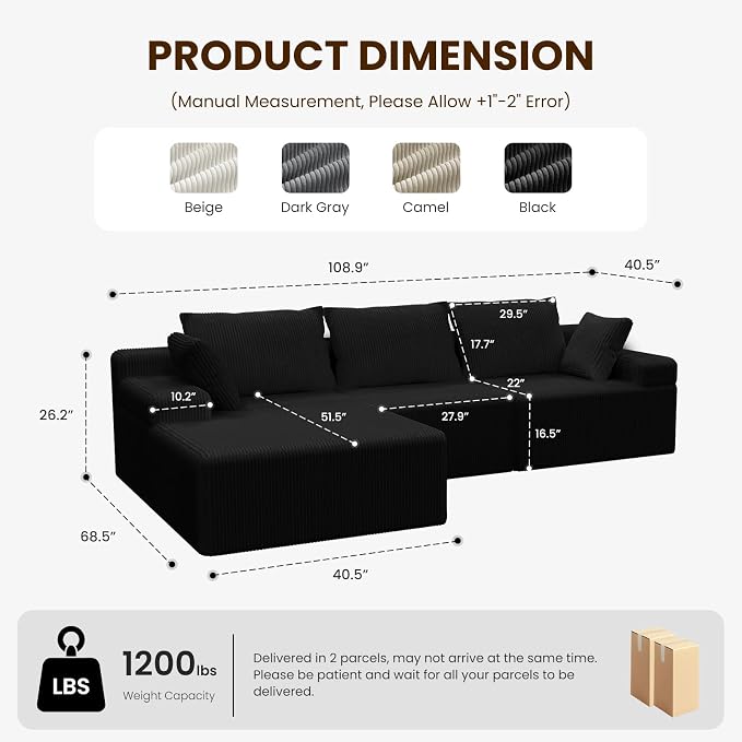 kinmars 108" Boneless Sectional Couch,Corduroy Cloud Couch Sectional for Living Room,Modern L Shaped Modular Sectional Couch,3 Seater Sofa (Black, 108.9" L Shaped with Left Facing Chaise)