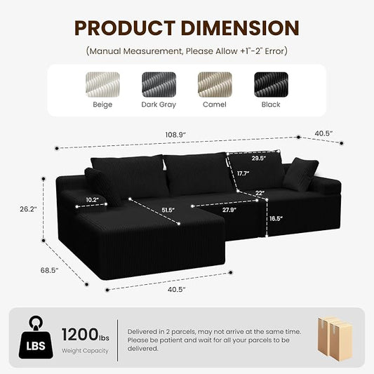 kinmars 108" Boneless Sectional Couch,Corduroy Cloud Couch Sectional for Living Room,Modern L Shaped Modular Sectional Couch,3 Seater Sofa (Black, 108.9" L Shaped with Left Facing Chaise)