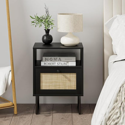 Masupu Rattan Nightstand,Modern Boho Farmhouse Wood Bedside Table with Storage Drawer and Open Shelf,Small Black Frame Side End Table for Bedroom,Living Room,Office (Black)