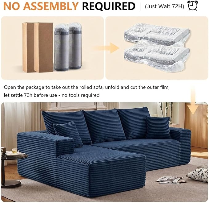 Sectional Couches for Living Room Cloud Couch Sofa with L-Shape Couch in a Box Upholstered Boneless Couchs Modern Modular Sectional Couch with Chaise (Blue,B-3 Seater-Left-Facing Chaise-96 inch)