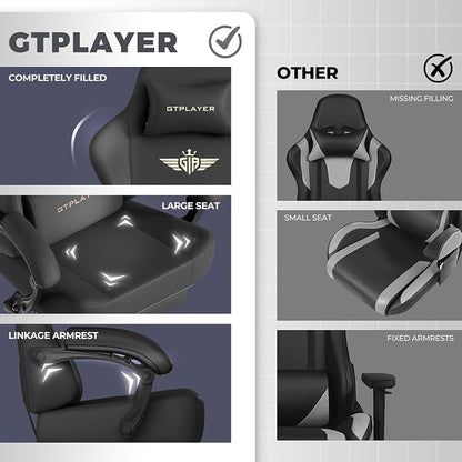 GTPLAYER Gaming Chair with Pocket Spring Cushion, Big and Tall Gamings Chairs 350LBS High Back Computer Chair with Footrest for Adults Lumbar Support Swivel Game Chair for Office, Leather Black