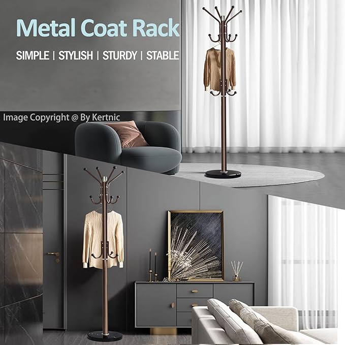 Kertnic Modern Coat Rack Freestanding with Natural Marble Base & Sturdy Metal Frame, 11 Hooks Hall Tree for Jackets, Hats, Bags, Entryway Organizer for Bedroom, Living Room, Closet (11 hooks-Bronze)