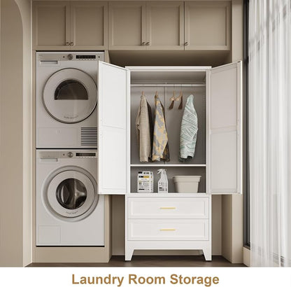 QINPTWUT 71" Tall Metal Wardrobe with Doors, Hanging Rod & Adjustable Shelf, Freestanding Steel Armoire for Bedroom Home Office, 2-Drawer White