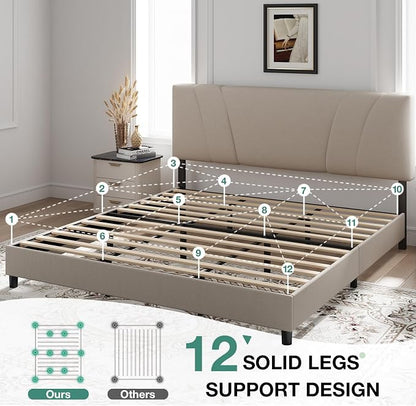 Novilla King Size Bed Frame with Adjustable Headboard Platform King Bed Frame Linen Fabric Upholstered Headboard, No Box Spring Needed, Noise-Free, Wooden Slats Support, Easy Assembly, Beige