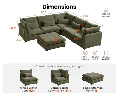 115" Oversized Chenille Couch Modular Sectional Sofa, Washable Cloud Couch Sectional with Ottoman, 6 Seater Sectional Couches for Living Room, Fully Cover Removable, V Shaped & Corner, Chenille, Green