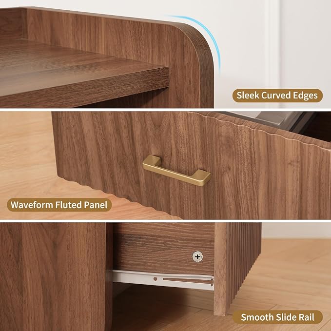 Night Stand with Charger Station - Modern Wood Nightstand with Drawer Storage, Fluted Wide Nightstands Bedside Table, Mid Century Night Stands for Bedroom Home Office Sofa, Walnut