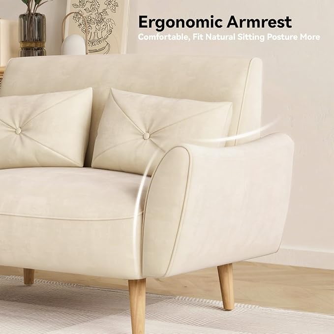 Brelice Loveseat Sofa, 47" Velvet Couch for Bedroom, Convertible Wooden Tray & Ergonomic Armrest, for Small Space, Apartment, Living Room, Home Office, Easy Assembly, Beige