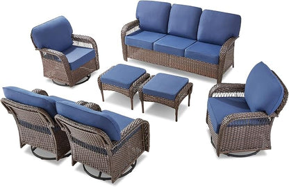 Belord Luxury Patio Furniture Set with 5-inch Thick Cushion, Outdoor High Back Swivel Rocker Patio Chairs, 7PCS Wicker Conversation Set for Deck Yard and Poolside,Blue