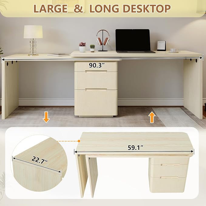 90” Modern L-Shaped Desk with 3 Drawers, 360° Wood Rotating Desk, Workstation for Home Office, Living Room, Natural Wood