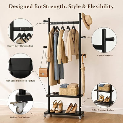 Taitiy Coat Rack Freestanding Clothing Rack with Wheels & 2 Shelves Storage & 5 Hooks Heavy Duty Clothes Rack Wood Coat Tree Stand Hat Hanger Rack for Corner Bedroom Entryway Living Room Hotel Size L