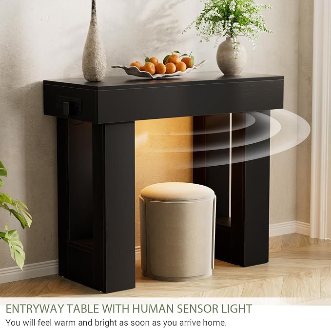 Unikito 39" Entryway Table with Socket and Sensor Light, Narrow Console Table with Storage Behind Couch, Farmhouse Entryway Table for Hallway, Behind the Couch, Living Room, Foyer, Black