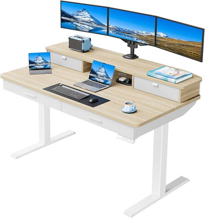 HUANUO 55 x 30 inch Electric Standing Desk with 2 Wood Drawers, Adjustable Height Sit Stand Desk for Home Office, Ergonomic Stand up Desk with 4 Memory Presets, 176 lbs Capacity, Natural Top