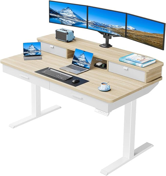 HUANUO 55 x 30 inch Electric Standing Desk with 2 Wood Drawers, Adjustable Height Sit Stand Desk for Home Office, Ergonomic Stand up Desk with 4 Memory Presets, 176 lbs Capacity, Natural Top