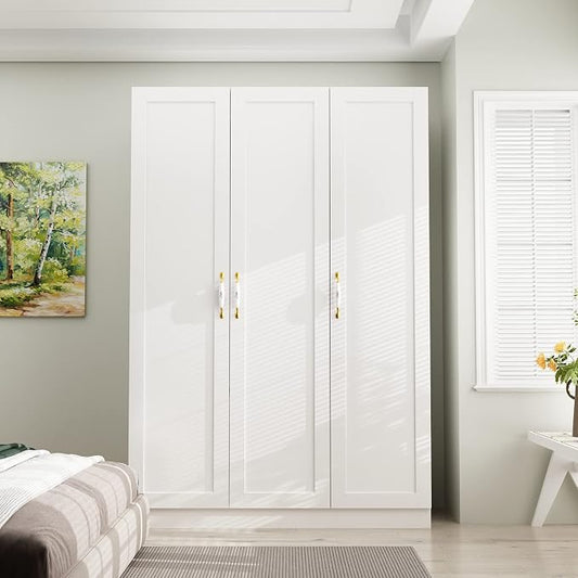AIEGLE 3 Doors Wardrobe Armoire Closet, Large Freestanding Armoire Wardrobe Cabinet with Shelves & Hanging Rod, Bedroom Wood Clothes Storage Cabinet Organizer, White 47.2" Wide Type A