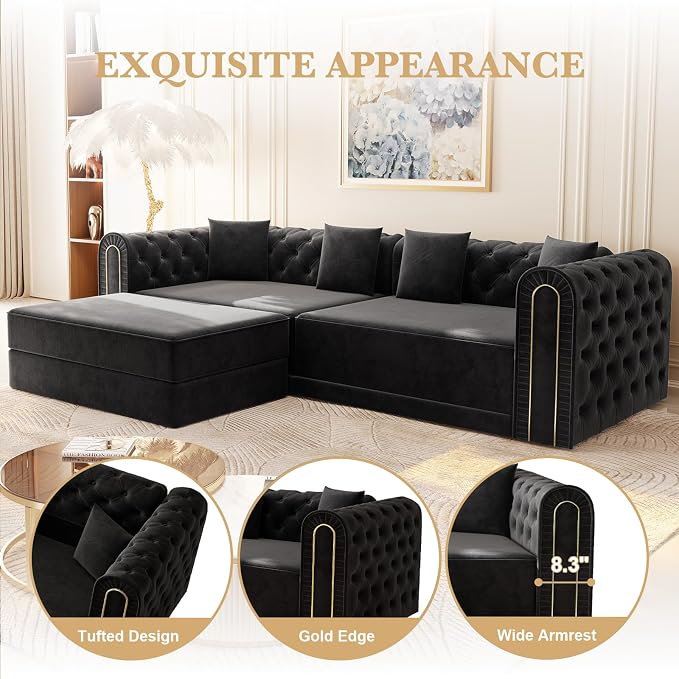 90.6'' Futon Sofa Bed, Chesterfield Velvet Sleeper Sofa, Convertible Floor L-Shaped Couch, Tufted Back, 4 Pillows, Gold Edge Trim, Deep Loveseat Couches for Living Room, Apartment, Gold Black