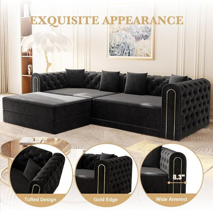 90.6'' Futon Sofa Bed, Chesterfield Velvet Sleeper Sofa, Convertible Floor L-Shaped Couch, Tufted Back, 4 Pillows, Gold Edge Trim, Deep Loveseat Couches for Living Room, Apartment, Gold Black
