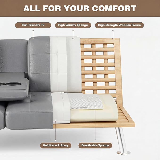 Homall Futon Sofa Bed, Leather Futon Couch with Removable Armrests, Adjustable Recliner Sleeper Sofa Bed with Dual Cup Holders for Living Room, Apartment, Office (Gray)