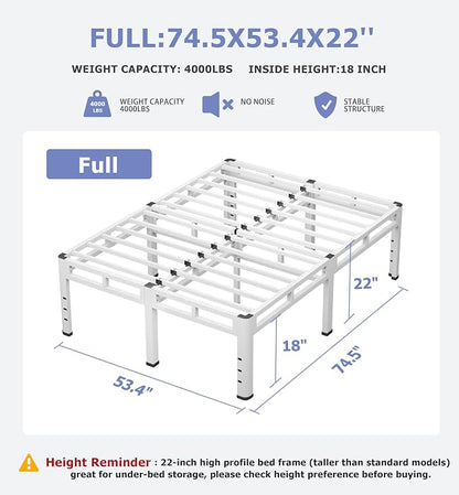 NKZ 22 Inch Full Size Bed Frame, Metal Bed Frame & Box Spring 2 in 1 Platform with Round Corner Legs, 4000Lbs Heavy Duty Metal Frame, Mattress Slide Stopper, Headboard Hole, Noise-Free, Easy Assembly