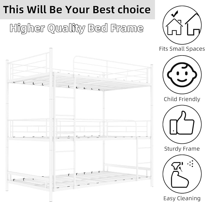 Triple Bunk Bed, Heavy Duty Twin Over Twin Over Twin Metal Bunkbeds with Guardrails, Ladder, 3 Bunk Beds, Bedroom, No Box Spring Needed, Easy Assembly,White