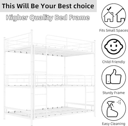 Triple Bunk Bed, Heavy Duty Twin Over Twin Over Twin Metal Bunkbeds with Guardrails, Ladder, 3 Bunk Beds, Bedroom, No Box Spring Needed, Easy Assembly,White