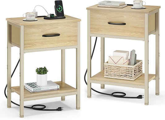Vagusicc Nightstand Set of 2 with Charging Station, Bed Side Table with Fabric Drawer, Small End Table with 2-Tier Storage Shelves, 25.4" Tall Bedside Table, Night Stand for Bedroom Dorm, Natural