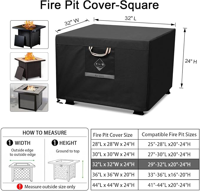 QH.HOME Fire Pit Cover Square Heavy Duty Fabric 100% Waterproof, Fits Outdoor for 29”,30 inch,31 inch,32 inch Fire Pit/Table Cover,Gas Fire Pit Cover (32”L x 32”W x 24”H,Black)