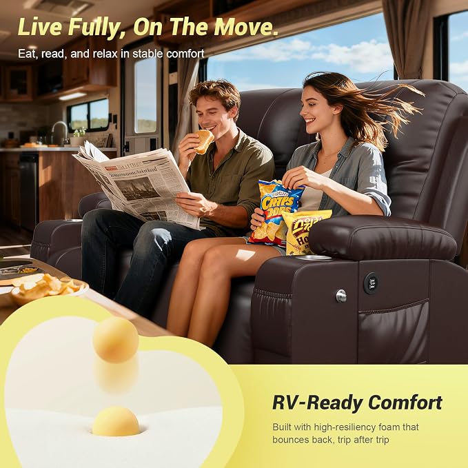 RV Loveseat Recliner Sofa, Reclining Loveseat Wall Hugger Recliners with USB Ports, Cup Holders, Insert Pockets, RV Recliners for Travel Trailers & Living Room, RV Furniture | RV Couch | Brown