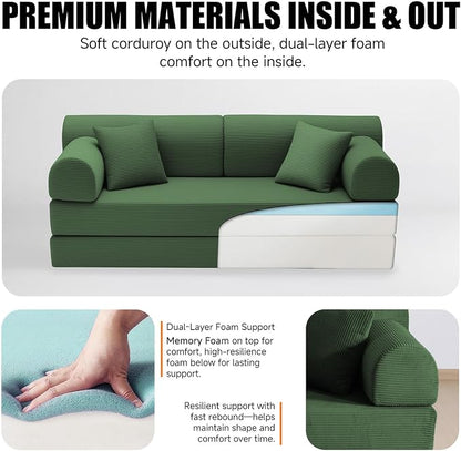 78.8" Boneless Memory Foam Couch, Corduroy Convertible Floor Sofa Bed, Fold-Out Sleeper Futon Loveseat, Wide Armrests & Supportive Back, 1200 lb, Couch in a Box, 2 Pillows, Dark Green