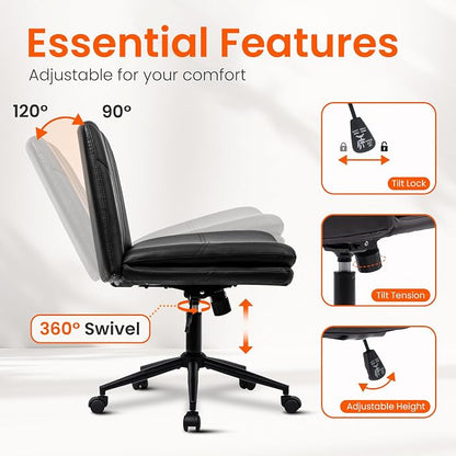 Orange Factory Criss Cross Chair with Wheels Comfy Wide Vanity Desk Chair Dual Base Leather Armless Adjustable Swivel for Home Computer Task (Black Pu, Faux Leather)