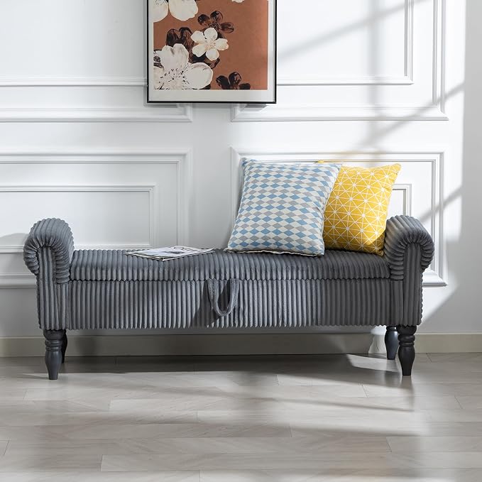 Storage Bench for Bedroom, 60" End of Bed Bench Premium Linen Upholstered Storage Ottoman, Entryway, Closet,Dark Grey
