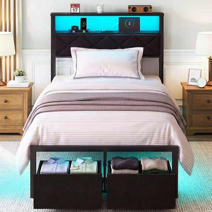 Twin Bed Frame with LED Lights, Charging Station & 2 Storage Drawers, Metal Platform with Upholstered Headboard, No Box Spring Needed, Easy Assembly